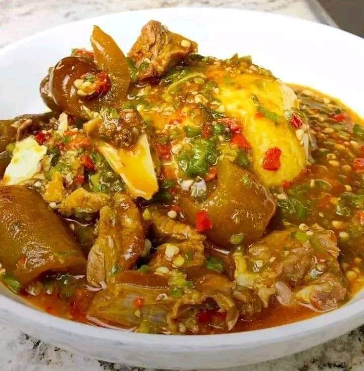 Ogbono okra soup with goat, beef or assorted meat with fufu $25.00